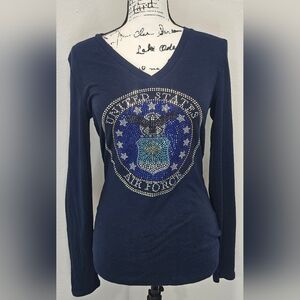 Old Navy Perfect Fitted V-Neck Long Sleeve Air Force Rhinestones Tee Sz MED NWT